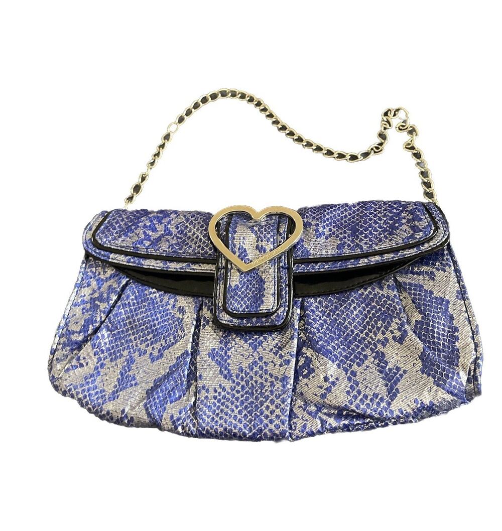 Betsey Johnson BLUE Metallic Silver Python Convertible Clutch Purse